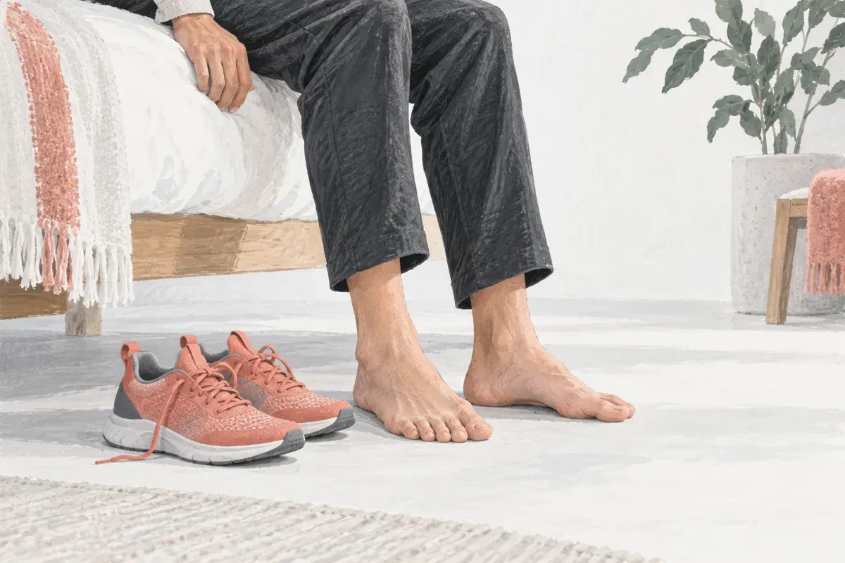Editorial illustration of feet beside walking shoes at the edge of a bed