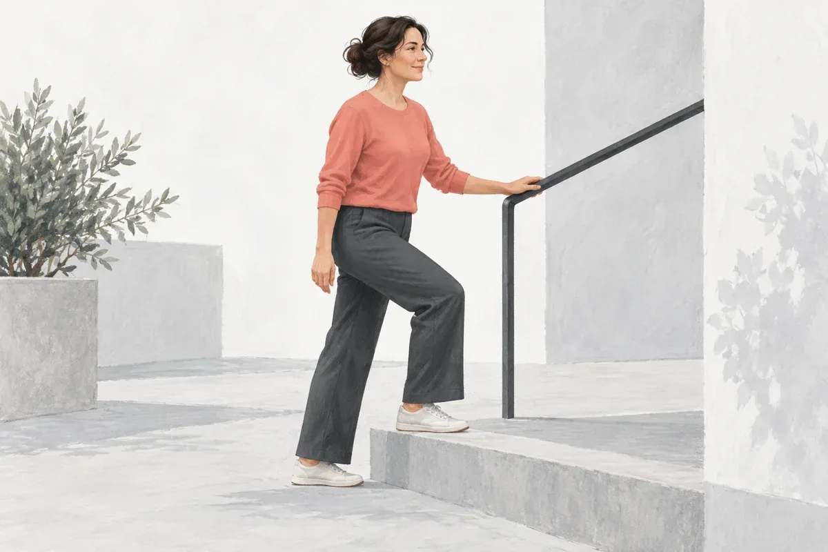 Editorial illustration of a woman using a handrail on a low step