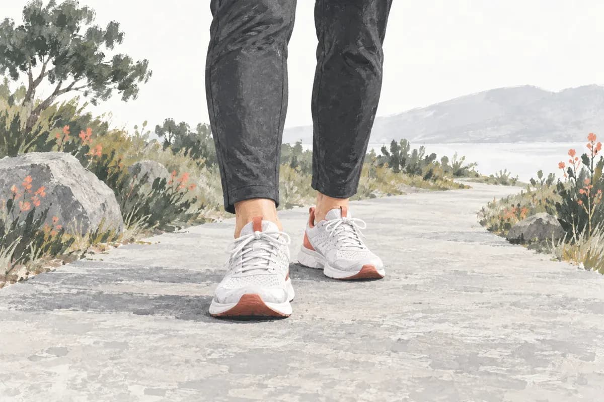 Editorial illustration of walking shoes and lower legs on an outdoor path