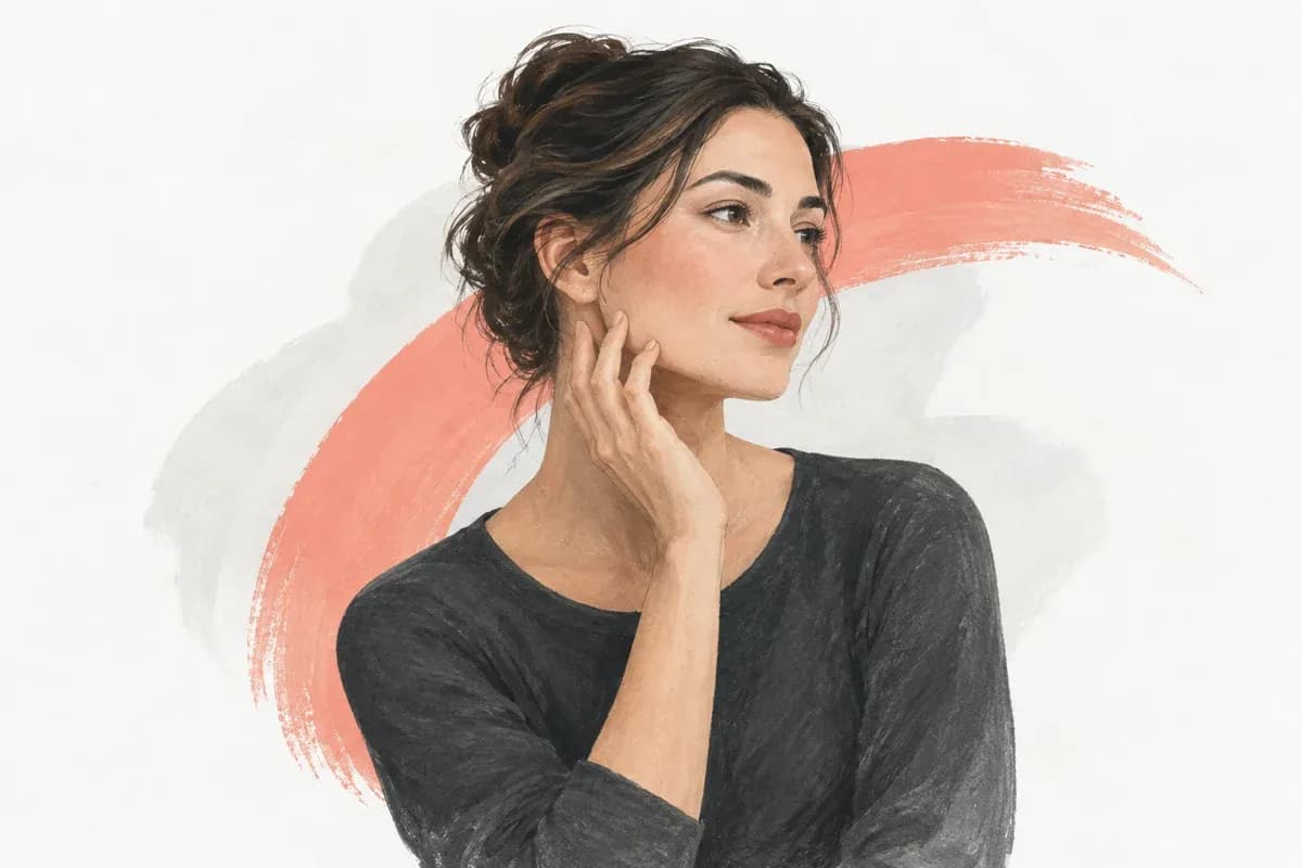 Editorial illustration of a woman resting her fingertips near her jaw
