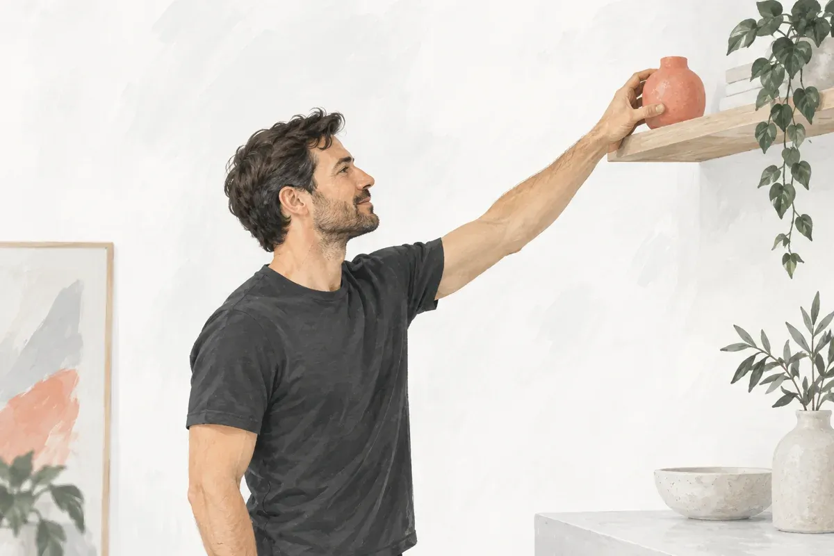 Editorial illustration of a man reaching for a small object on a shelf